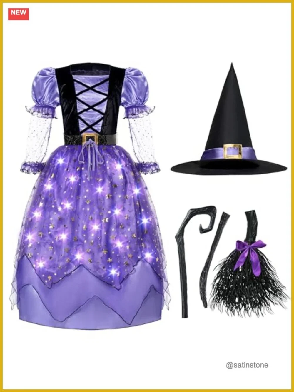 Girls Witch Costume with Light Up Starry Dress, Halloween Role Play Outfit,